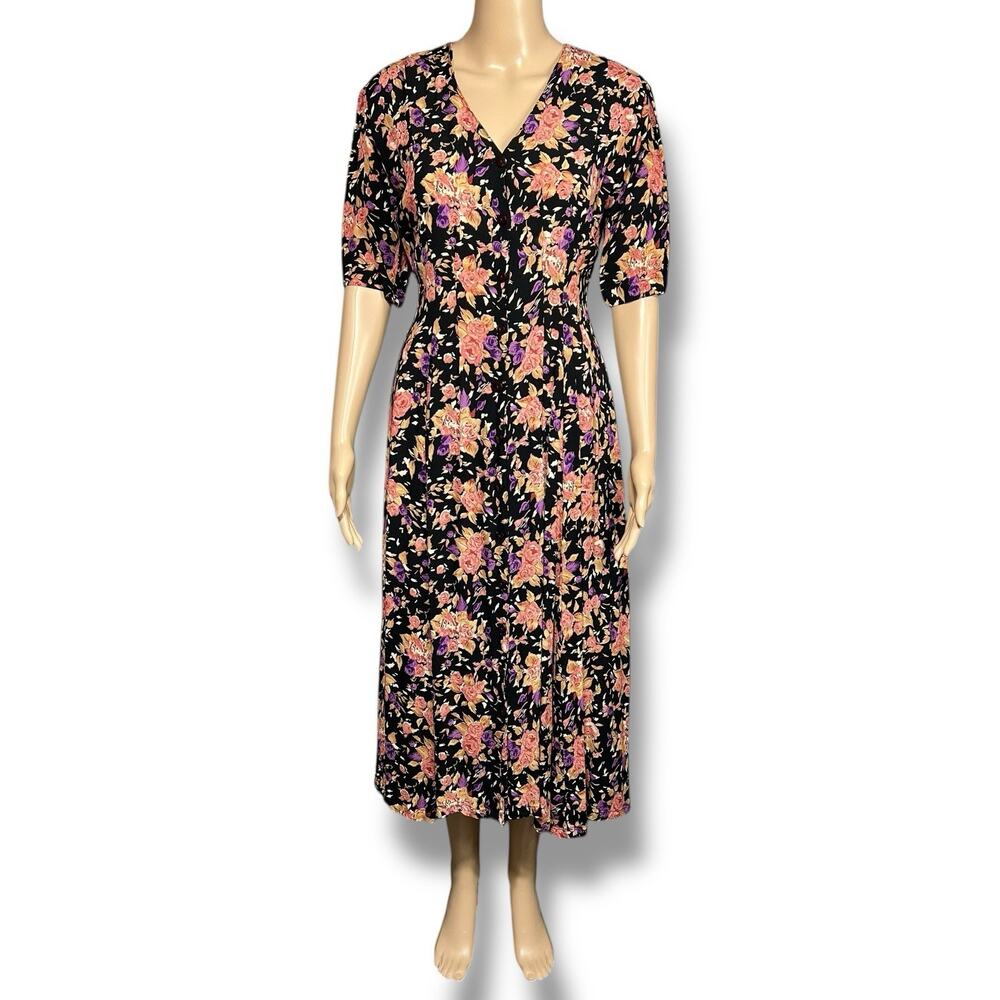 Paris Sport Club Vintage 90s Womens Prairie Floral Button Front Midi Shirt Dress